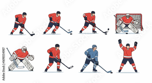 Set of Hockey Players in Action Poses for Sports Illustration and Design Projects, Showcasing Dynamic Movements and Team Spirit in Graphic Design and Marketing Materials.