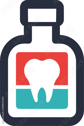 A bottle with a tooth symbol on the label, representing mouthwash or dental medication.
