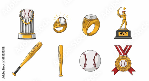 Baseball Championship Icons Set Illustrating Winning Moments and Achievements in Sports Competitions for Team Recognition and Fan Merchandise