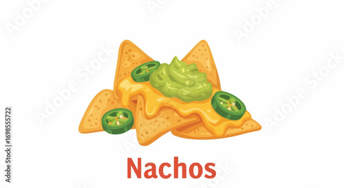 Delicious Nachos Illustration with Cheese, Guacamole, and Jalapeños for Mexican Food Menus and Recipe Book Graphics, Ideal for Food Blogging and Culinary Design
