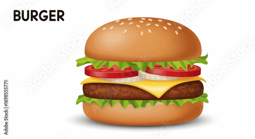 Delicious Burger Illustration Featuring Fresh Ingredients and Vibrant Colors, Ideal for Menu Design, Food Blogs, and Promoting Fast Food Restaurants.