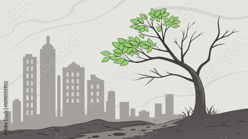 Polluted Cityscape with One Green Tree – Vector Illustration of Technology Side Effects on environment