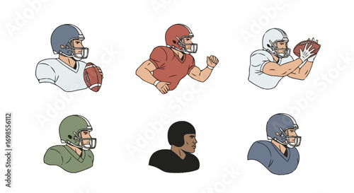 Diverse American Football Player Illustrations Depicting Action Poses for Sports Graphics and Educational Resources on Teamwork and Athleticism