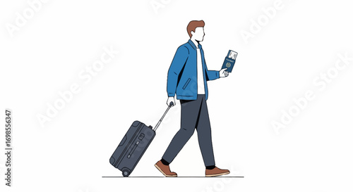 Isolated Illustration of a Man with Suitcase and Passport, Representing Travel Preparation for Tourism, Business Trips, or Immigration Concepts.