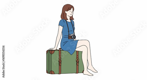 Charming Illustration of a Young Woman Resting on a Vintage Suitcase with a Camera, Perfect for Travel Blogs or Tourism Promotional Materials.