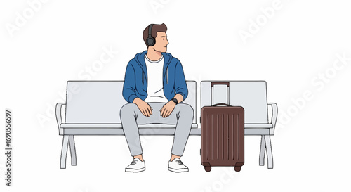 Man with Headphones Sitting in Waiting Area with Suitcase, Ideal for illustrating travel scenes, airport scenarios, or promoting travel-related services and products