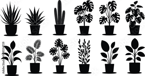 Indoor houseplant silhouette collection, potted tropical plants, modern home decor, black botanical vector, minimalist leaf icons, cactus, monstera