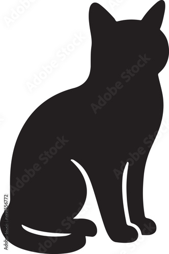 Black cat silhouette in a sitting pose, vector illustration.