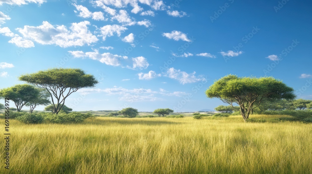 Golden savanna landscape under blue sky Golden savanna landscape under blue sky