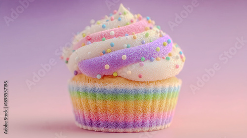 A cupcake with rainbow sprinkles on top. The sprinkles are in different colors and are scattered all over the cupcake