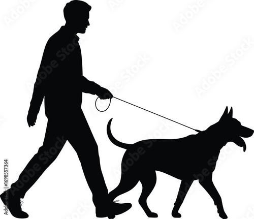 Man walking dog silhouette, pet owner with dog, leash walking, dog walking illustration, black vector pet care scene