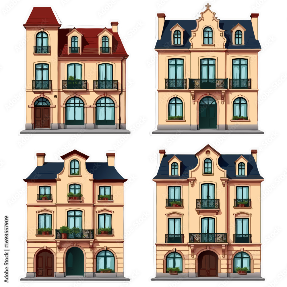 Fototapeta premium Four Detailed Illustrations of Elegant European Style Buildings.