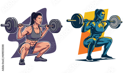 Strong Woman Performing Barbell Squat Exercise Illustration