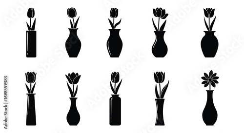 various vases with flowers arranged neatly in rows