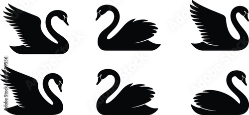 Swan silhouette vector collection, black swan illustrations, elegant bird design, graceful animal icons, minimal style, flat swan clipart