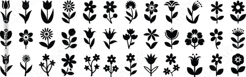 Floral silhouette vector set, black flower icons collection, botanical elements bundle, minimal design, spring clipart, decorative floral illustration