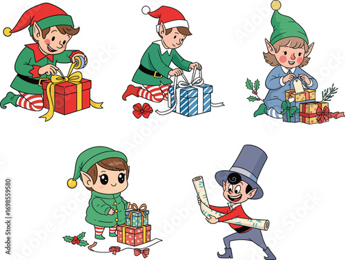 Cartoon Christmas elves wrapping gifts, reading lists, and decorating with ribbons, festive holiday character set for winter celebration and joy