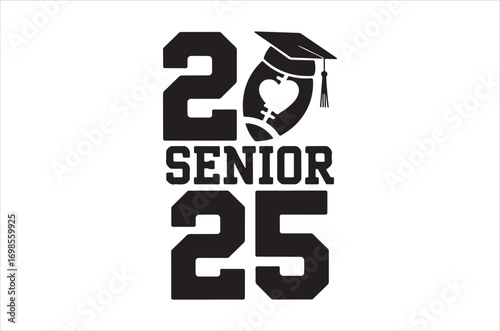 A black graduation cap with a gold tassel, "CLASS OF 2025" text, "CONGRATS!", a rolled diploma, and scattered stars, vector on white background. 