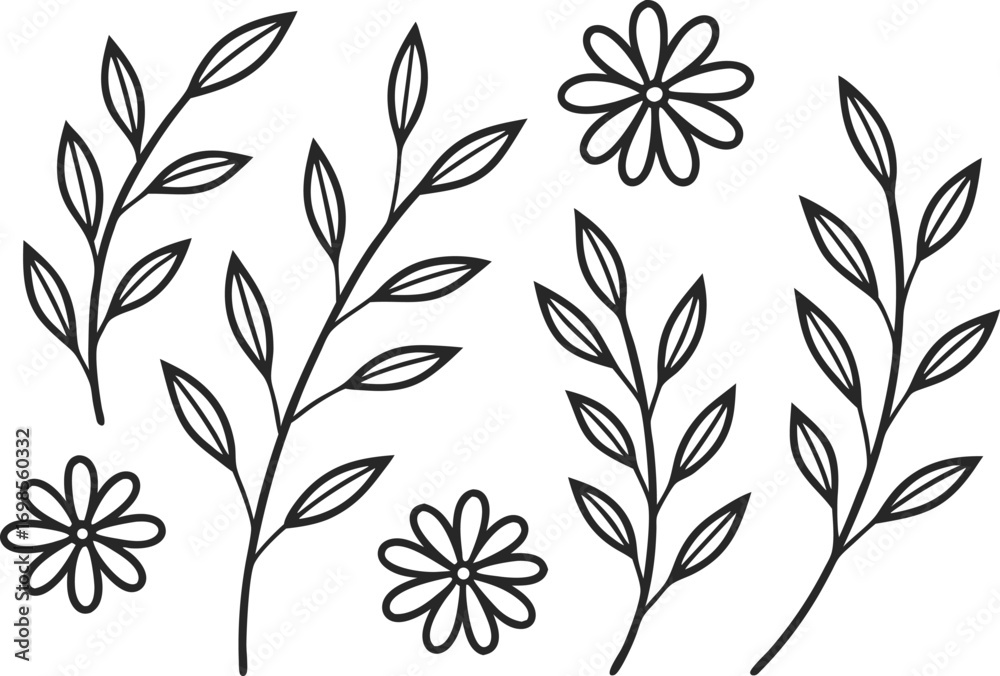 Fototapeta premium Delicate botanical line art set featuring flowers and twigs for creative projects