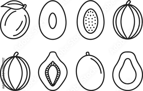 Simple line art collection of fresh fruits including peaches melon papaya and more