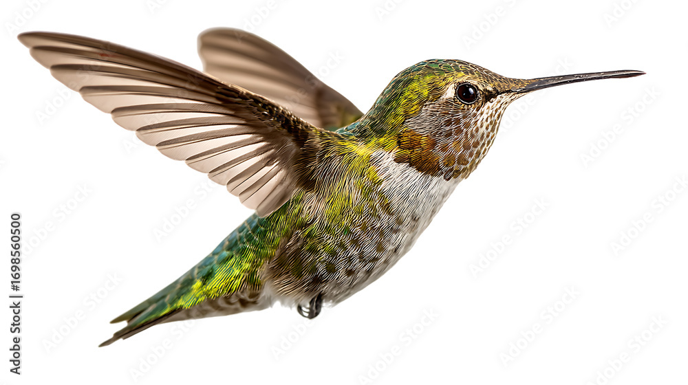 Fototapeta premium Hummingbird in flight with iridescent feathers isolated on transparent background