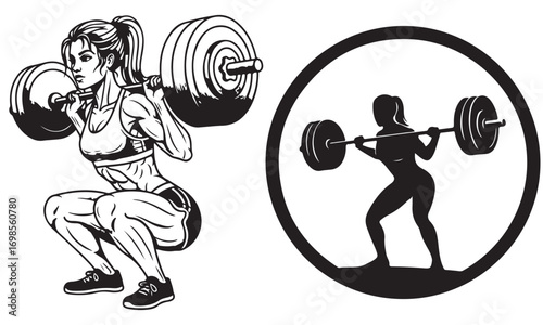 Monochrome Illustration and Silhouette of a Woman Performing Barbell Squats