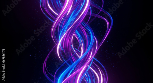 Vibrant Neon Blue Purple Swirling Light Trails Abstract Background. Glowing Futuristic Energy Flow Digital Art.