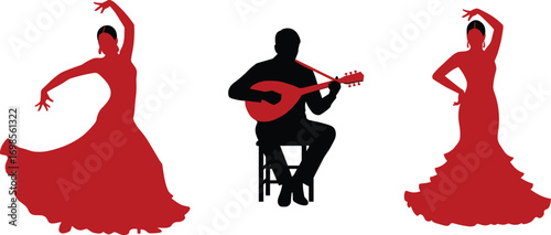Flamenco dancers in vibrant red dresses performing traditional Spanish dance, accompanied by a guitarist playing passionate music, cultural heritage, art, rhythm, and emotion.
