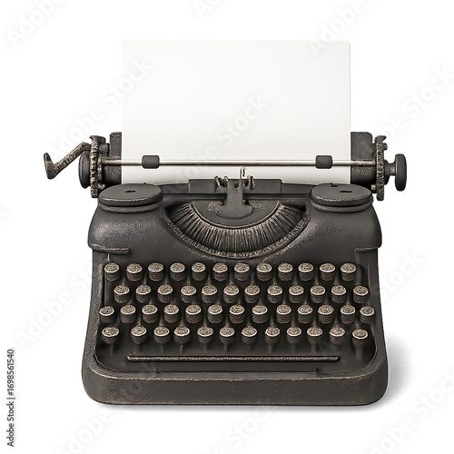 Antique black typewriter with blank white paper sheet isolated on a transparent background