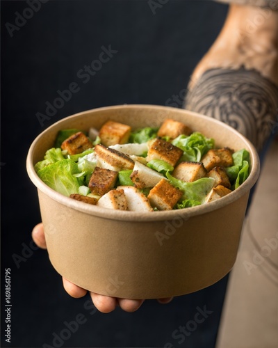 Close up of hand holding kraft paper takeaway bowl with Caesar salad, Studio shot of hand holding takeaway salad with grilled chicken and croutons