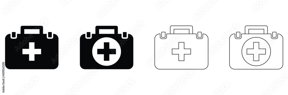 Fototapeta premium First Aid Kit Box and Medical Briefcase Icon Set – Emergency Healthcare Equipment and Hospital Safety Symbols Vector Illustration