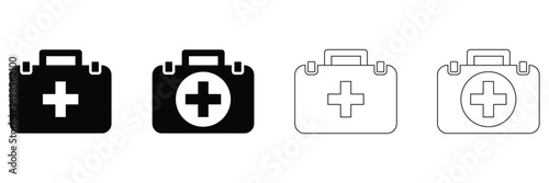 First Aid Kit Box and Medical Briefcase Icon Set – Emergency Healthcare Equipment and Hospital
 Safety Symbols Vector Illustration