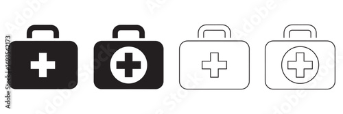 First Aid Kit Box and Medical Briefcase Icon Set – Emergency Healthcare Equipment and Hospital
 Safety Symbols Vector Illustration