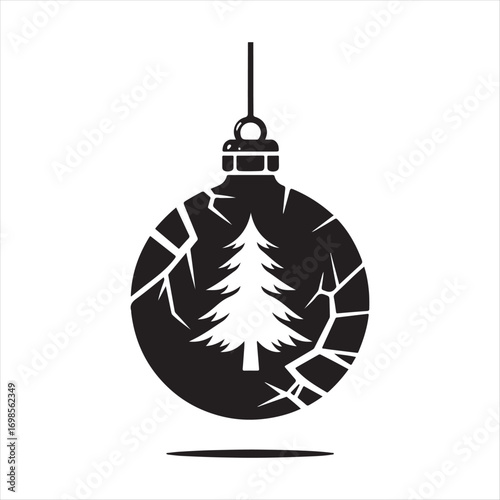 Christmas Ornament cracked with pine tree inside vector silhouette outline logo design concept illustration