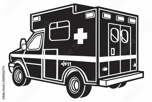 Black and white ambulance illustration with medical cross and 911 symbol
