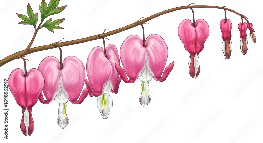 Fototapeta premium Bleeding Heart Flower Illustration Featuring Delicate Pink Petals and Green Leaves Stem
