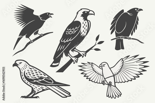 Collection of stylized bird silhouettes in various poses