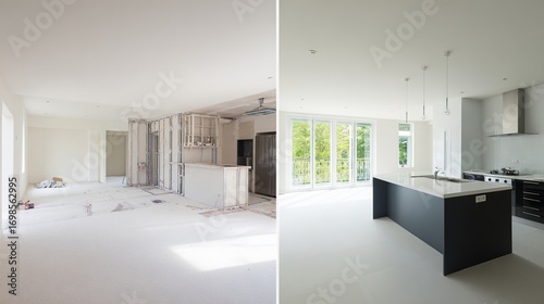 Wallpaper Mural Interior renovation progress comparison, showing a simple room transformation with ambient lighting. Torontodigital.ca