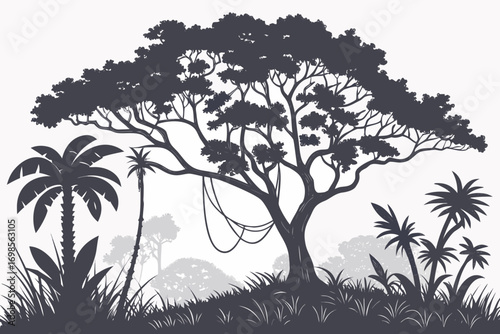 Silhouette of a lush jungle scene with a large tree and palm trees