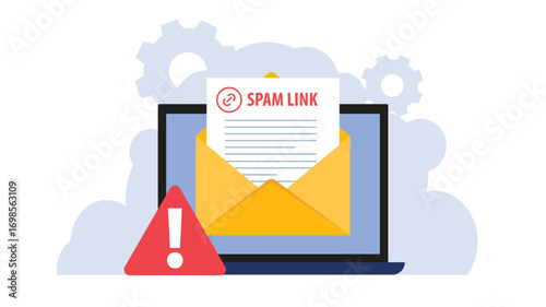 Spam Link in an Email Message. Spam link alert with broken chain, phishing link warning. SEO danger from spam link tactics and spammy links, harmful backlink strategy and low-quality backlinks
