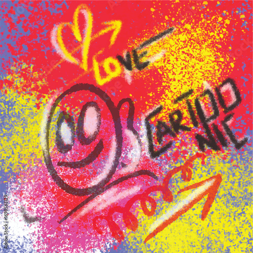 Colorful graffiti cartoon art with smiley face, love heart, bold text and vibrant spray paint background for urban street design