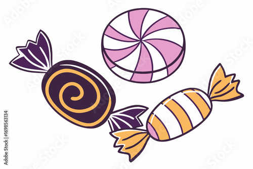 Colorful wrapped candies and a swirl lollipop