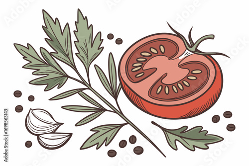 Fresh tomato slice with herbs and spices illustration