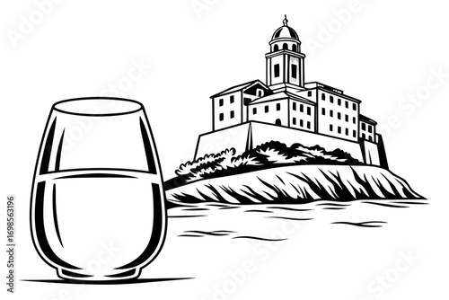 Glass of water with a coastal european town and tower