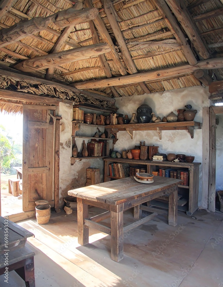 Naklejka premium Rustic interior, beams, shelves, pottery, tools, table