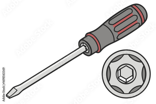 Flathead screwdriver with hex socket and red accents
