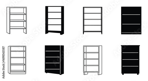various bookshelf designs displayed in black white and gray