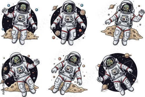 Multiple zombie astronauts floating in space, creepy undead spacemen, horror sci-fi cartoon characters, Halloween outer space, scary alien explorers