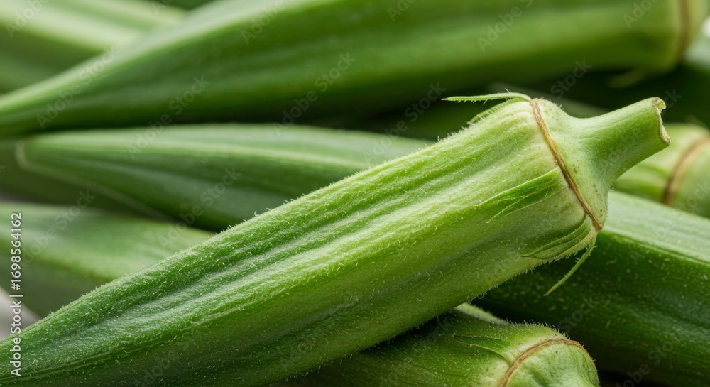 Fototapeta premium Close up studio shot of fresh green okra pods, featuring vibrant color and textured surface
