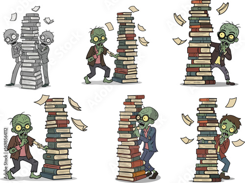 Funny zombie characters hiding behind book stacks, cartoon undead reading horror, library zombie illustration, educational Halloween monsters clipart